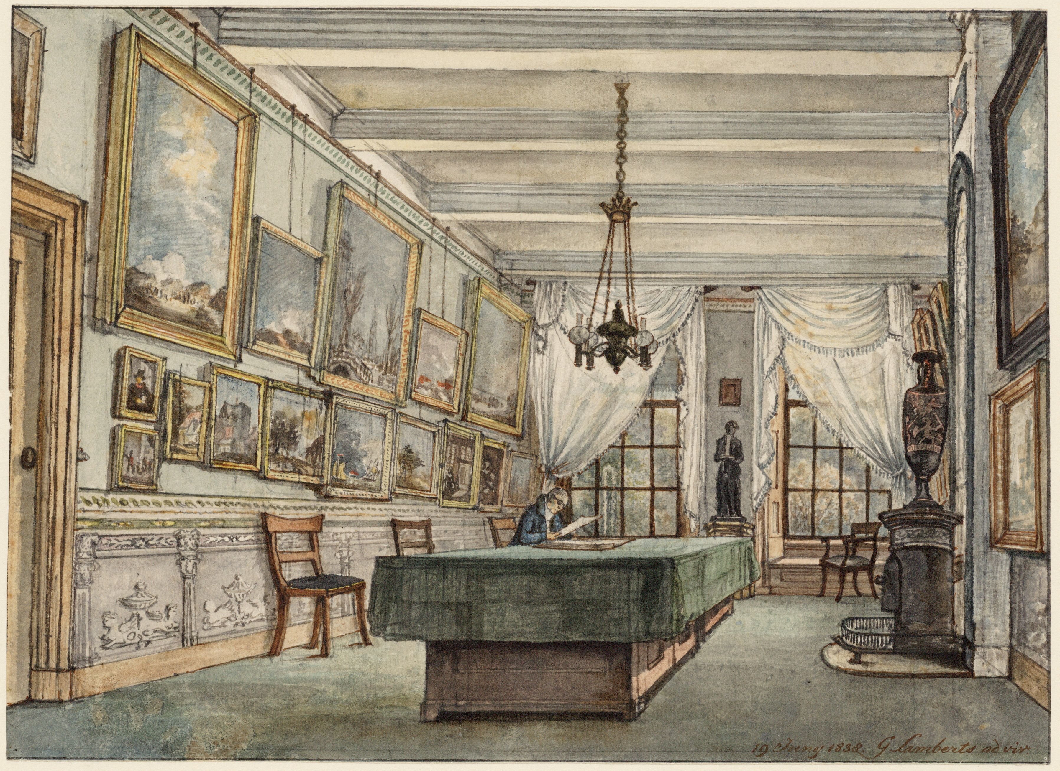 Prentenkamer van het Rijksmuseum in het Trippenhuis in 1838
