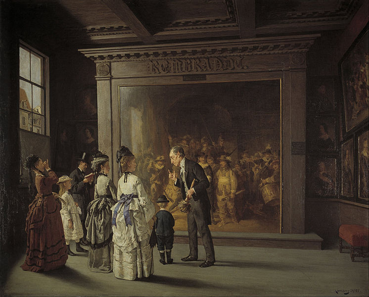 Schilderij van bezoekers aan de Nachtwacht in het Rijksmuseum te Amsterdam (1885)